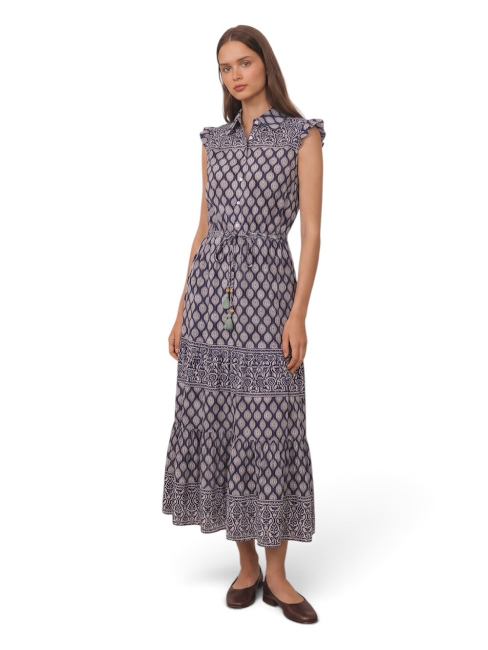 Bell by Alicia Bell Navy Silk Cotton Voile Block Print Maxi Dress M